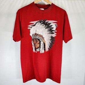 Native American Chief Vintage Single Stitch USA Made Wild Hair Shirt Red Size XL